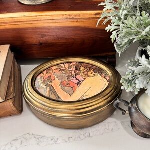 Music box with Alphonse Mucha art. buffed antique gold finish